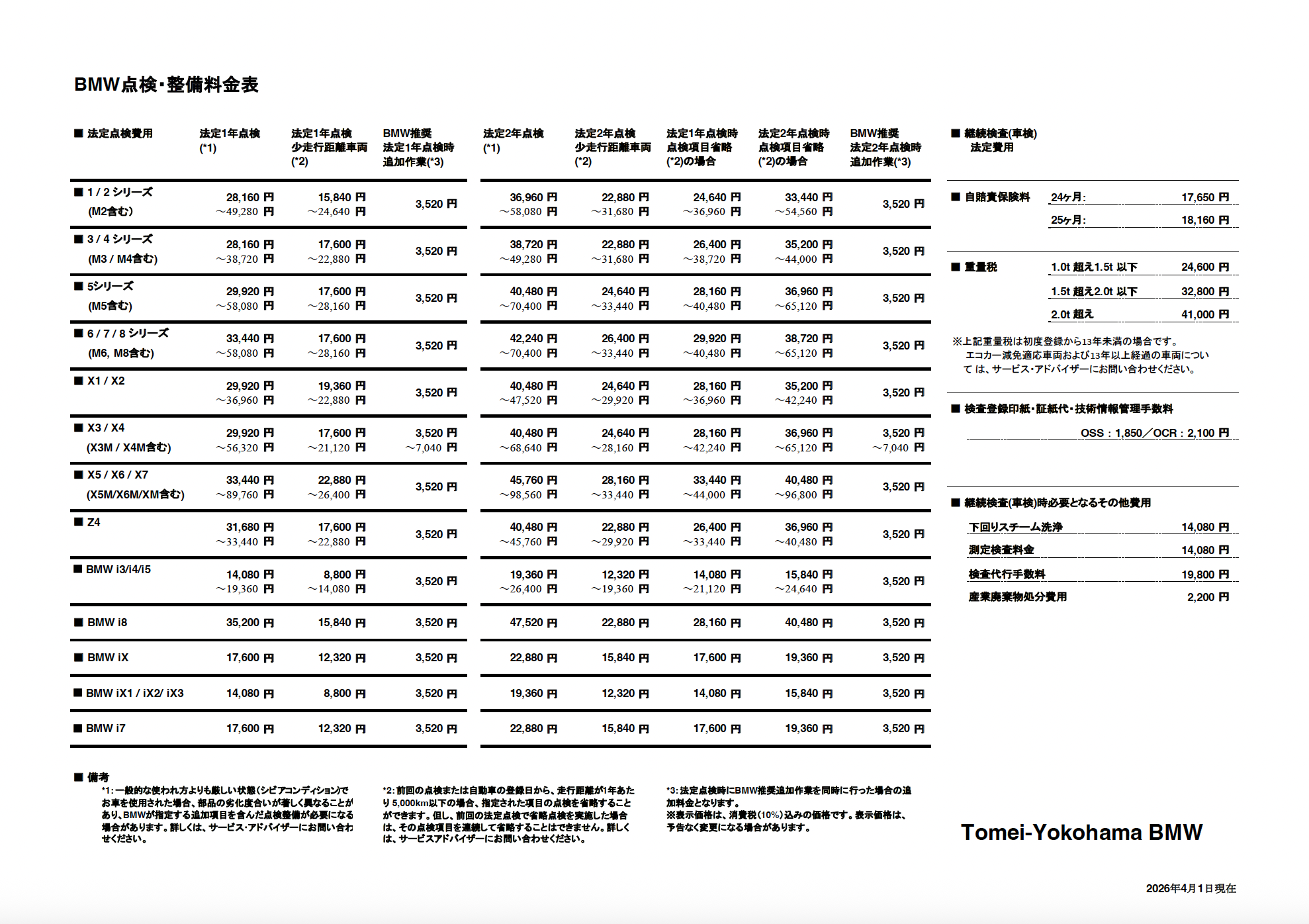 点検整備料金表